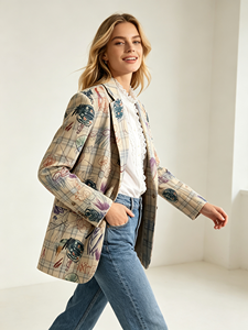 Chaqueta Blazer para Mujer, Estilo Urbano, Manga Larga, Corte Holgado, con Solapa a Cuadros y Graffiti Único, Servicio Personalizado, Gran Venta - Product Image 2