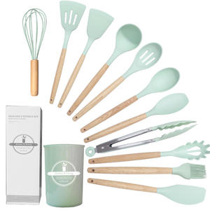 Custom Logo Kitchen Accessories Tools Home Cookware 12 Pcs Silicone Kitchen <b>Cooking</b> Utensils Set <b>Kit</b> With Wooden Handle - Product Image 1