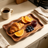 Assiette en bois d'acacia très vendue avec 4 plateaux à dessert à bords ondulés – Solution cadeau pour la cuisine