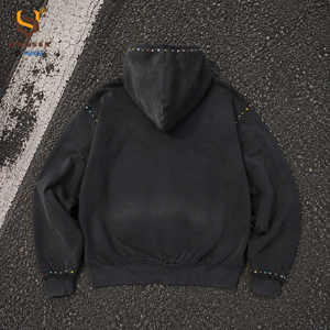 Custom Logo Solid Color Heavyweight Washed Hoodies 100% Cotton Sweatshirt Custom Streetwear Rhinestone Zip Hoodie - Product Image 3