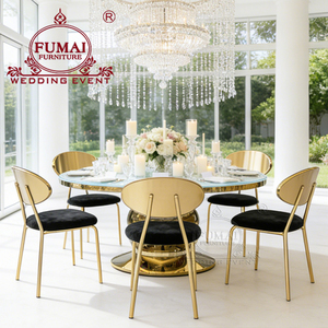 Muebles de Hotel Usados para Bodas de Lujo en Dubái, Mesa de Comedor Redonda de Acero Inoxidable con Base de Titanio Dorado y Vidrio Templado para Uso en Exteriores - Product Image 4