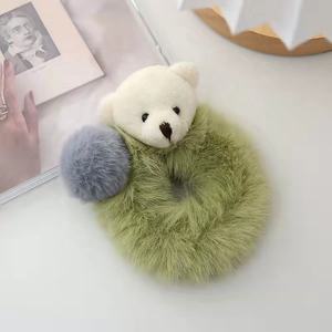 Nieuwste Schattige Paardenstaart Houder Scrunchies Meisjes Kleurrijke Elastische Haarstropdas Teddybeer Pluche Nepbont Stijl Zoete Stof - Product Image 6