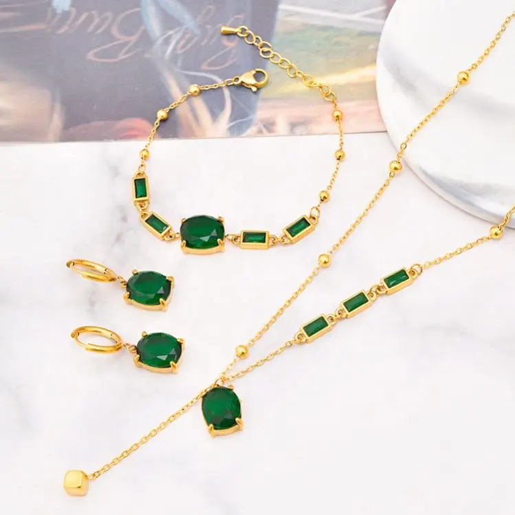 Collar de circón verde chapado en oro de 18 quilates vintage, collares de circón esmeralda de acero inoxidable, pulseras y pendientes, conjunto de joyería