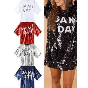 Game Day <span class=keywords><strong>Mujer</strong></span> Cuello redondo Negro Rojo Blanco Azul Plata Lentejuelas <span class=keywords><strong>Camiseta</strong></span> Vestido Lentejuelas Casual Suelta Fútbol americano <span class=keywords><strong>Camiseta</strong></span> Top - Product Image 1