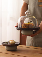 Support à gâteau en bois d'acacia avec cloche en verre, piédestal en céramique rustique, petit et grand dôme de service pour desserts et pâtisseries, idéal pour café et buffet