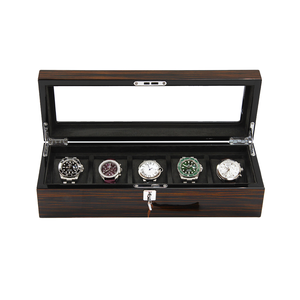 Wooden <b>Watch</b> Storage Box 5 Grid Faux Suede Interior Lockable Display <b>Case</b> Rectangle Shape - Product Image 1