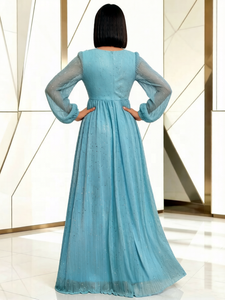 <span class=keywords><strong>Robe</strong></span> de soirée élégante pour femme, à manches longues, col en V, fluide, doublée, plissée, extensible, transparente, pour les occasions formelles - Product Image 2