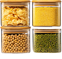 Bocaux carrés en verre avec couvercles en bambou, hermétiques, de qualité alimentaire, compatibles congélateur et micro-ondes, pour le stockage du café, du sucre, des préparations culinaires et de la nourriture en préparation.