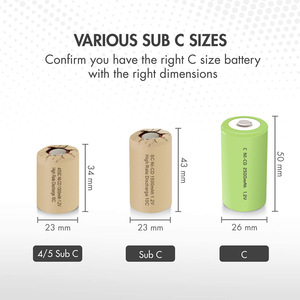 <span class=keywords><strong>Sub</strong></span> <span class=keywords><strong>C</strong></span> <span class=keywords><strong>NiCD</strong></span> Wiederaufladbare Batterie 1,2V 1300mAh - 2200mAh Nickel-Cadmium-Akku für Elektrowerkzeuge Laptop-Ersatz - Product Image 2