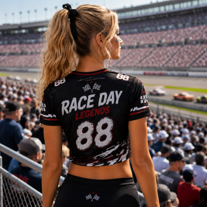 Jersey Deportivo Corto Personalizado para Mujer, Estilo Racing, para Fanáticas del Automovilismo, Ropa Urbana para Días de Carreras, Top Corto para Clubes Automovilísticos, Jersey Deportivo a la Moda - Product Image 3