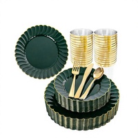 Lot de 175 assiettes jetables vert foncé avec bord doré, assiettes dorées robustes pour mariage, fête, anniversaire, événements