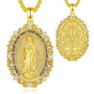 Collier pendentif Vierge <span class=keywords><strong>Marie</strong></span> en cuivre plaqué or 24 carats avec CZ blanc et émail noir, prière française, vente en gros, bijoux religieux catholiques - Product Image 1