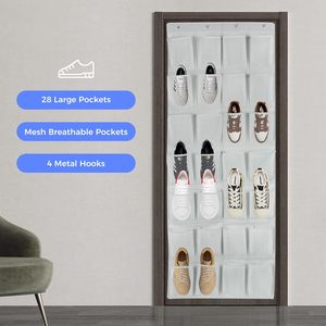 28 Pocket Over The Door Organizer Gray Hanging <b>Rack</b> For Shoes Behind Doors On Walls Hook Type Rectangle Mesh Non - Product Image 2