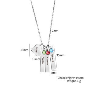 Collar de piedra natal familiar de acero inoxidable personalizado con cadena de eslabones de moda, barra de nombre de texto grabado y colgante de corazón - Product Image 2