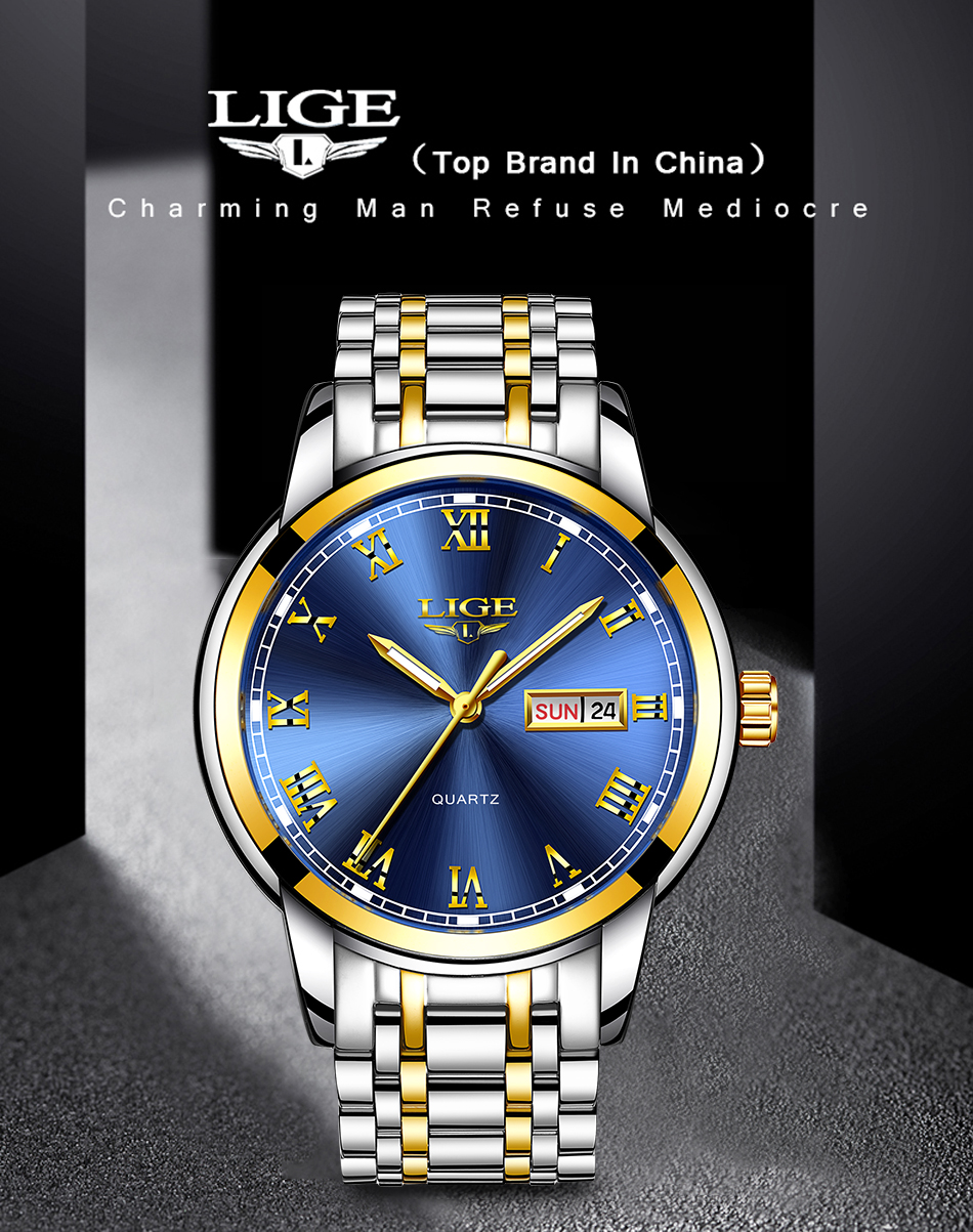 LIGE — montre-bracelet de luxe en acier inoxydable pour homme, étanche, en acier inoxydable, à Quartz, avec Date et heure, horloge