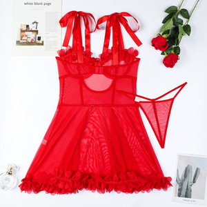 Lingerie sexy pour femmes, robe de nuit <span class=keywords><strong>en</strong></span> dentelle rouge à pétales, babydoll, chemise de nuit, vêtements de nuit transparents, lingerie érotique, costume - Product Image 6