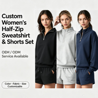 Ensemble décontracté en molleton de coton pour femme : pull oversize à demi-zip et short de survêtement élastique – Ensemble coordonné 2 pièces pour femme