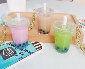 Wholesale no minimum Custom black pearl Milk tea cup keychain super Bubble milk tea liquid keychain