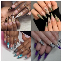 Ongles longs en acrylique style stiletto, dégradé rose, feuilles 3D, faux ongles multicolores ombrés, perles dorées, faits à la main, à pression