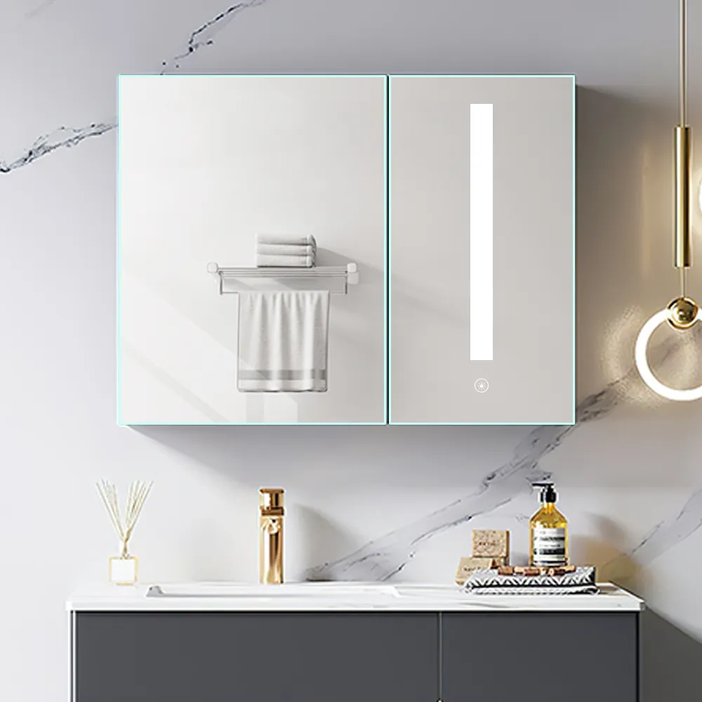 Miroir décoratif mural de salle de bain de qualité supérieure avec fonction de désembuage, armoire de miroir de maquillage à LED éclairée