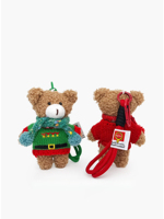 Porte-clés en peluche ours esthétique sur le thème de Noël, ours marron Kawaii avec tenue tricotée verte et écharpe, décoration de sac à dos