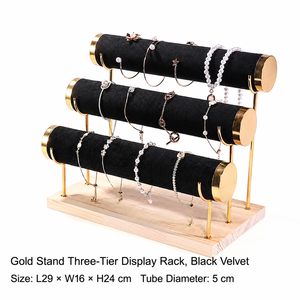 Présentoir à bijoux 3 niveaux démontable écologique en bois avec base en métal doré et tubes en velours avec crochets latéraux – Offre Spéciale - Product Image 4