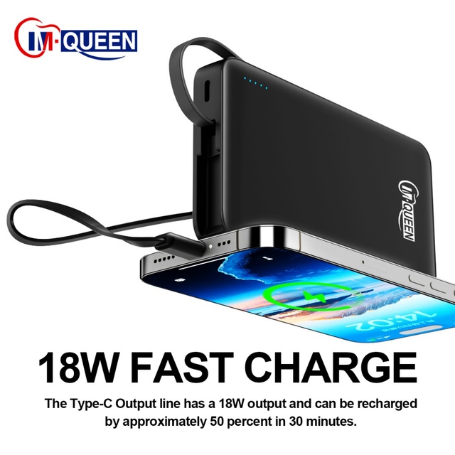 M-QUEEN Customized 10000mAh PD Fast Charging Ultra Slim Portable Power Bank Retractable Cable Logo High Capacity FCC/CE/ROHS