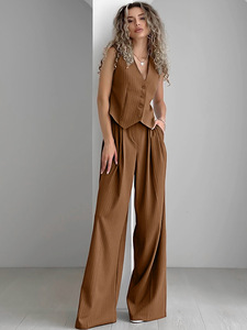 Großhandel gestreifte Frauen weites Bein Hosen Anzüge zweiteilige Sommer Set Damen Hosen und Weste Set Trend <span class=keywords><strong>Outfits</strong></span> für Frauen 2024 - Product Image 4