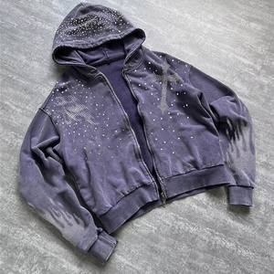 Custom Logo <b>Y2K</b> Gothic Rhinestone Acid Wash Streetwear Oversized Full <b>Zip</b> <b>up</b> Men's <b>Hoodie</b> & Sweatshirts Manufacturer - Product Image 2