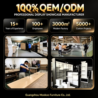 Complet pour magasin d'optique moderne : Étagère murale en bois pour montures métalliques, vitrine îlot en verre et comptoir d'accueil pour magasin de lunettes