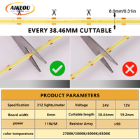Bande LED COB en cuivre IP20 à télécommande, 24V CC, blanc chaud, 312 LED/m, pour rideaux lumineux, panneaux d'affichage, films, vitrines et affichage vidéo - Vente en gros