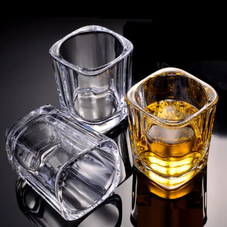 1.5oz 2oz fancy design quadrato liquore alcol vodka vetro di colpo con supporto acrilico