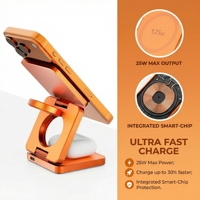 Chargeur sans fil magnétique pliable 3-en-1 25W Type-C à rotation 360° en métal avec finition peinture à l'huile, certifié PSE/KC/CE/FCC/RoHS, 68mm