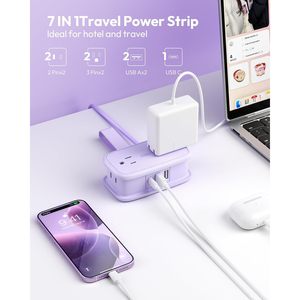ปลั๊กพ่วงแบบพกพา สีม่วง 4 ช่องเสียบ 3 ช่อง USB 1 ช่อง Type-C สายยาว 4 ฟุต ปลั๊กแบบแบน ใช้ได้ทั่วโลก - Product Image 4