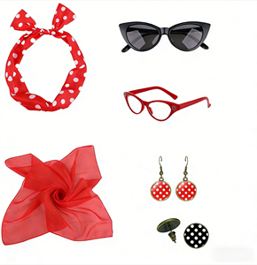 PESENAR Conjunto de accesorios de <span class=keywords><strong>disfraz</strong></span> retro de los años 50 con diadema de lunares rojos, bufanda, gafas de sol y pendientes - Product Image 1