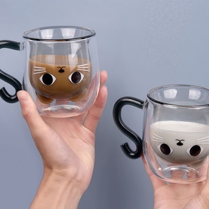 Groothandel Dubbelwandige Hittebestendige Melkbeker Schattige Kat Hoge Borosilicaat Glazen Ontbijtbeker - Product Image 4