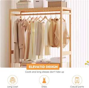 <span class=keywords><strong>Armario</strong></span> Abierto de Bambú con Ruedas, 3 Estantes de Almacenamiento y Barra Superior para Colgar Ropa, Multifuncional para Baño y Dormitorio - Product Image 2