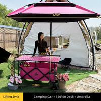 Chariot de vente portable et pliable avec table réglable en hauteur, roues tout-terrain et auvent pour le camping en extérieur et la vente de rue