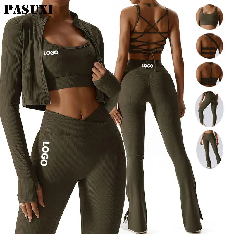 PASUXI 도매 사용자 정의 실행 훈련 피트니스 착용 여성 체육관 브래지어 레깅스 높은 허리 원활한 5 조각 요가 세트