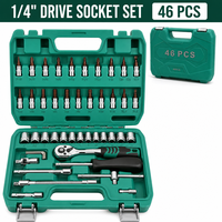 Set Soket Drive 1/4 inci 46 Pcs Perlengkapan Perbaikan Mobil, Soket Bit S2, Soket Metrik, Kunci Ratchet 24 Gigi