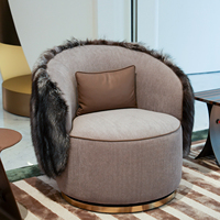 Fauteuil pivotant de luxe avec accent en fourrure et coussin, fauteuil moderne en tissu de lin pour salon et chambre à coucher