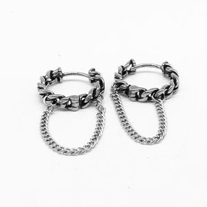 Pendientes de aro Huggie para hombre, de acero inoxidable 316L, impermeables, hipoalergénicos, con cadena cubana colgante, perforados, estilo vintage industrial, regalo - Product Image 2