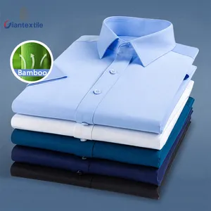 Camisa de fibra de bambu masculina, camisa de fibra de bambu não ferro com gola, manga longa para homens