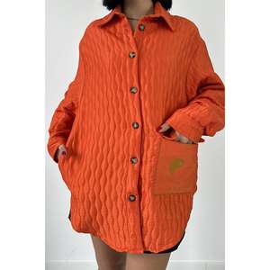 Camisa Acolchada Naranja con Botones para Mujer, Blusa Informal de Popelina para Uso Diario - Product Image 2