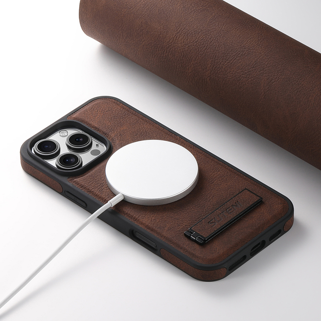 SUTENI for iPhone 17 Pro Max Phone Case Stand Magnet Wireless Charging Frosted Feel Luxury Faux Leather 16 Plus 15 14 13 12