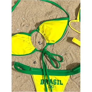 FOXA Ensemble de bikini pour femme avec drapeau du Brésil, maillot de bain 2 pièces, haut triangle dos nu et bas string, avec bordure contrastante, en Spandex extensible et Polyester - Product Image 3
