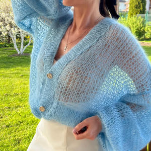 <span class=keywords><strong>Cardigan</strong></span> in maglia con maniche a lanterna in Mohair <span class=keywords><strong>fucsia</strong></span> (scollo a V ampio) lanterna ampia Casual al collo in Mohair - Product Image 1