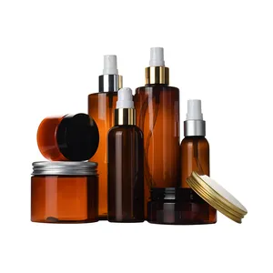 Conjunto de cosméticos recipiente 100ml 150ml 250ml 300ml 500ml âmbar pet de plástico boião de creme e loção garrafa spray da bomba,