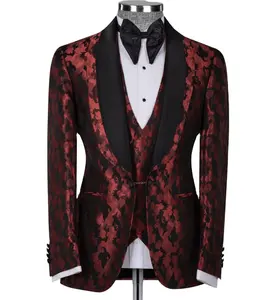 Shawl Lapel Luxury Groom Elegant Wedding Suit Party Business Burgundy Blazer For Men 3Piece Jacket Vest Pants