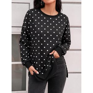 Tunique décontractée à manches longues et col rond pour femme, motif pois, coupe ample, avec fentes latérales et ourlet asymétrique - Product Image 5